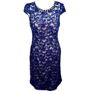 JESSICA HOWARD Lace Illusion Knee Length Dress Royal Short Sleeve Blue Sz 12 EUC